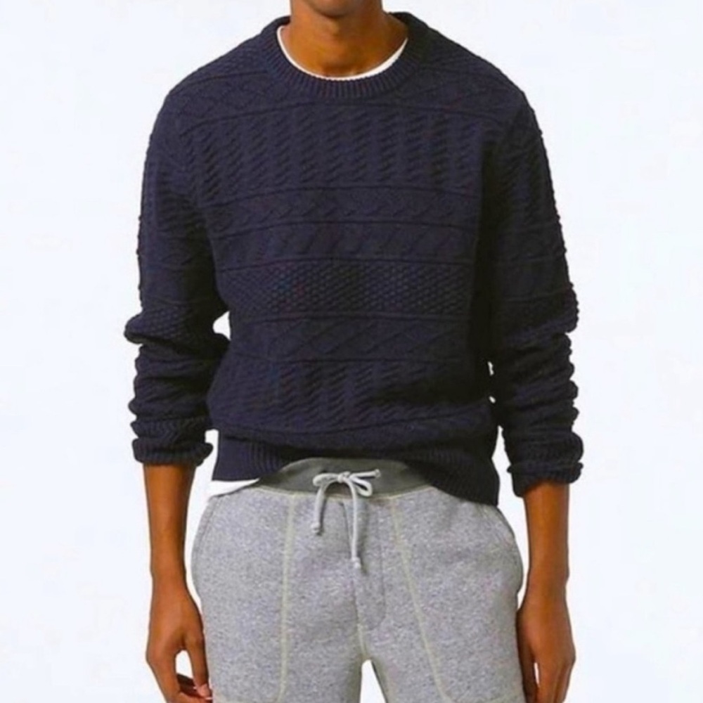 J. Crew Guernsey Combination Stitch Navy Blue Knit Crewneck Sweater Size Large